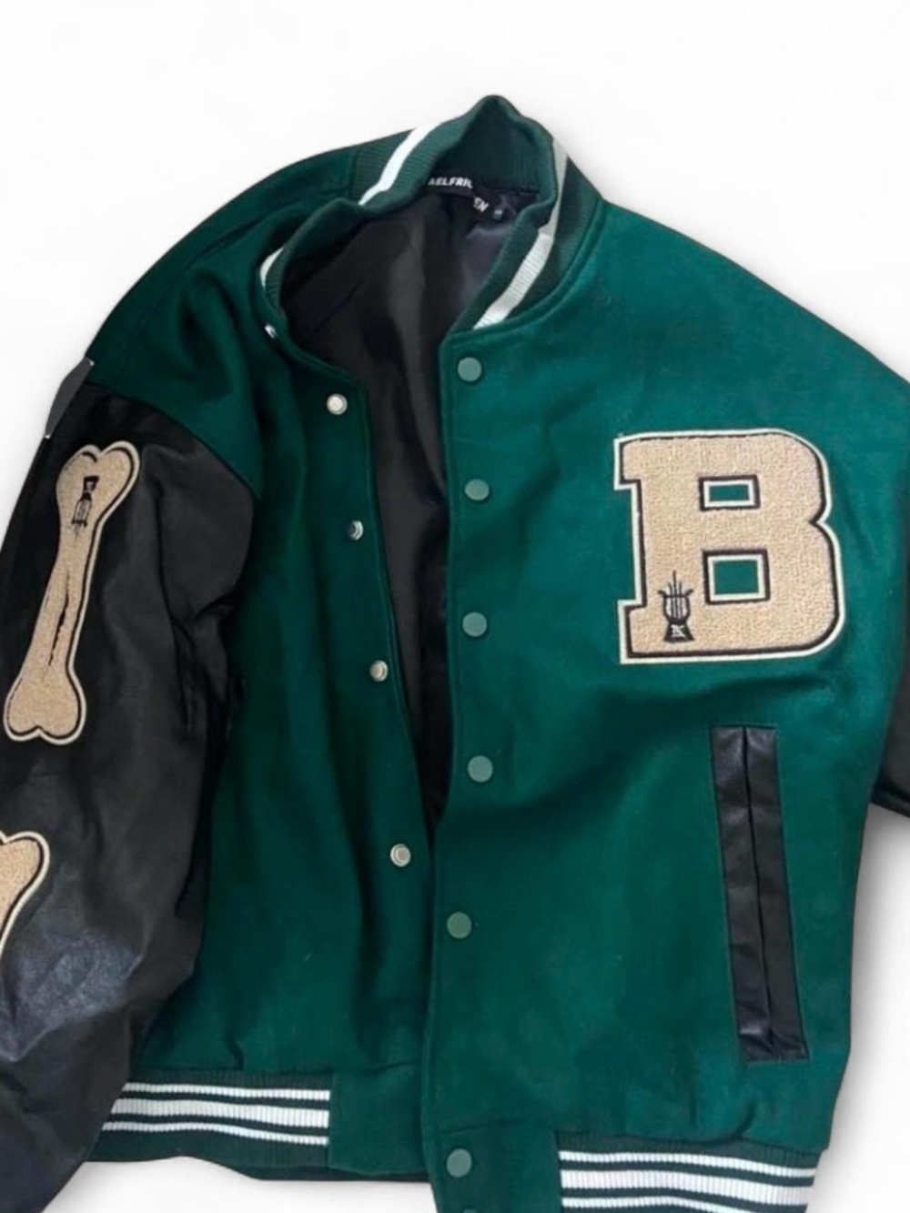 Aelfric Eden Green & Black Varsity Bomber Jacket with Beige Appliqué
